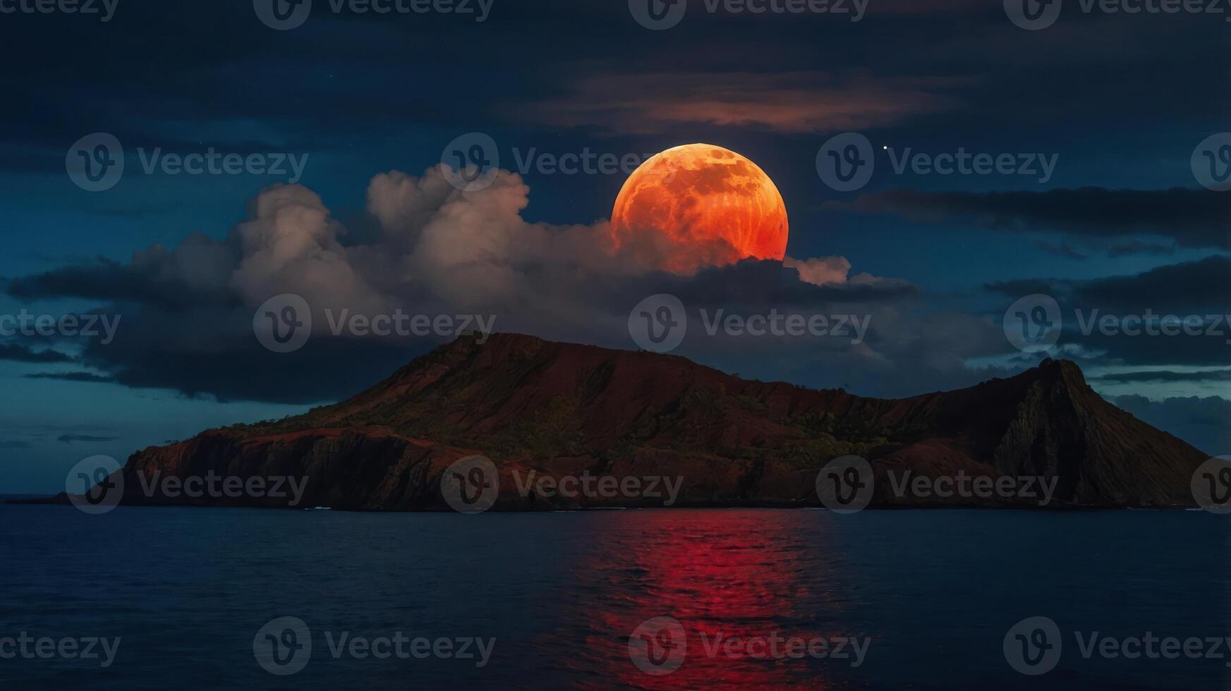 A stunning moonrise over a mountainous island, reflecting on the calm ocean waters under a dramatic sky. photo