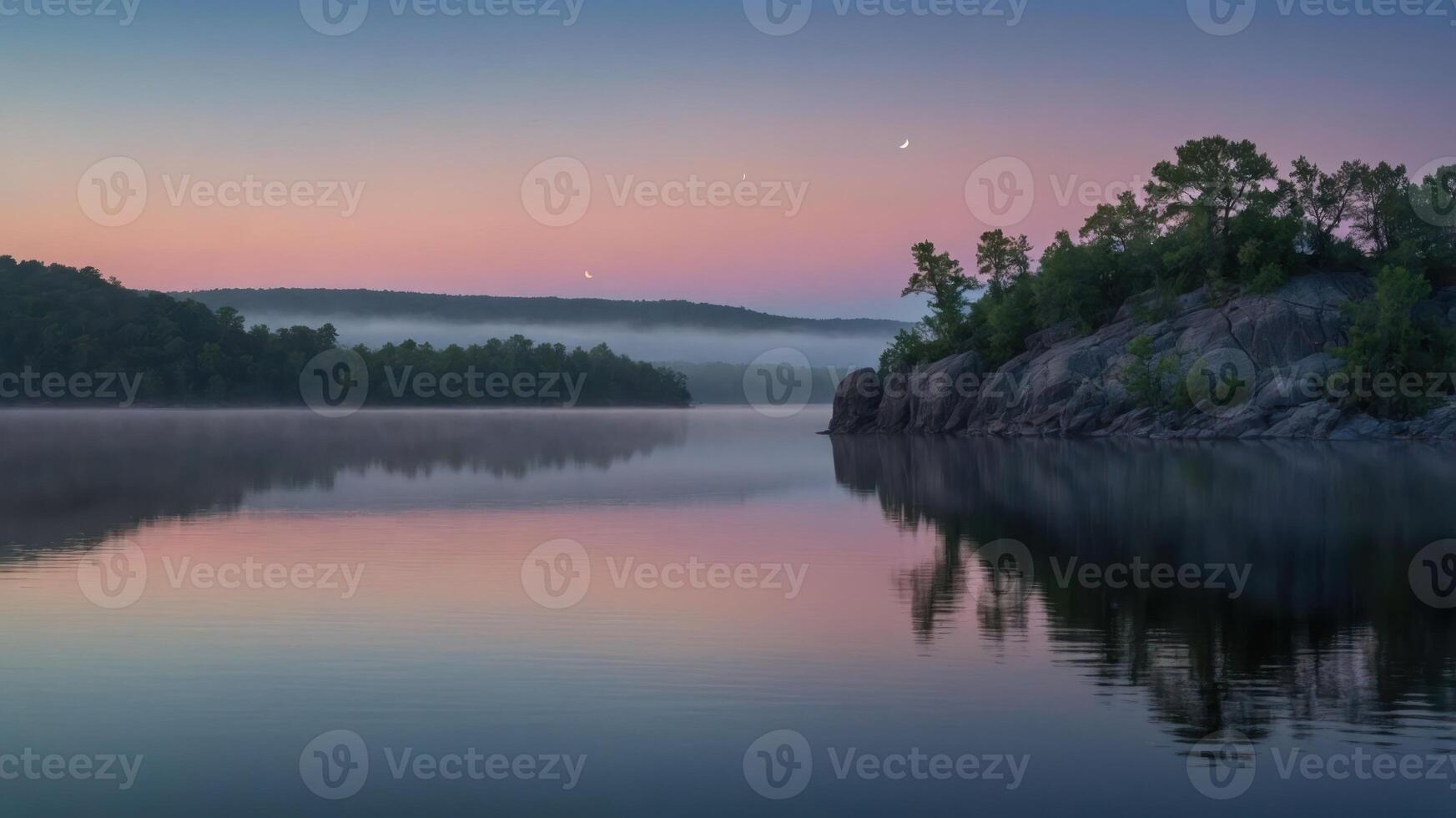 A serene lakeside scene at dawn, showcasing mist, reflections, and a colorful sky. photo