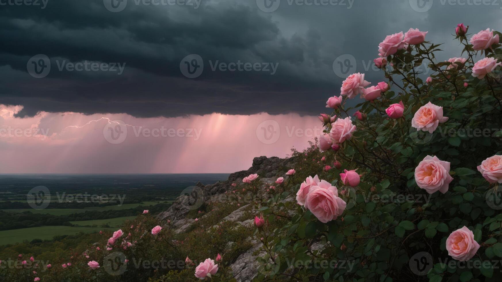 A scenic view of pink roses in the foreground, with dark storm clouds and rays of light in the background. photo