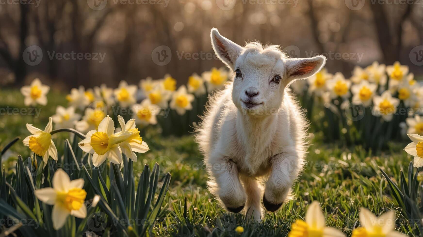 A playful goat frolics among blooming daffodils in a sunlit field. photo