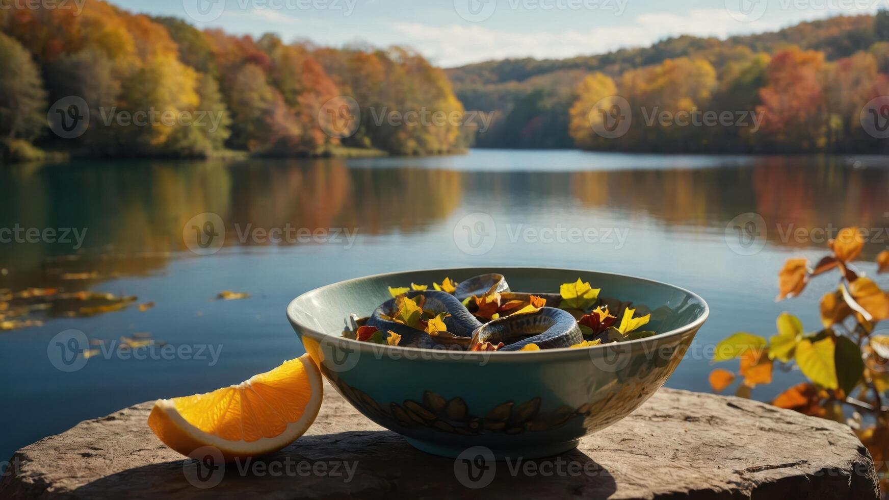 A serene lakeside scene featuring a bowl of colorful food and an orange slice. photo