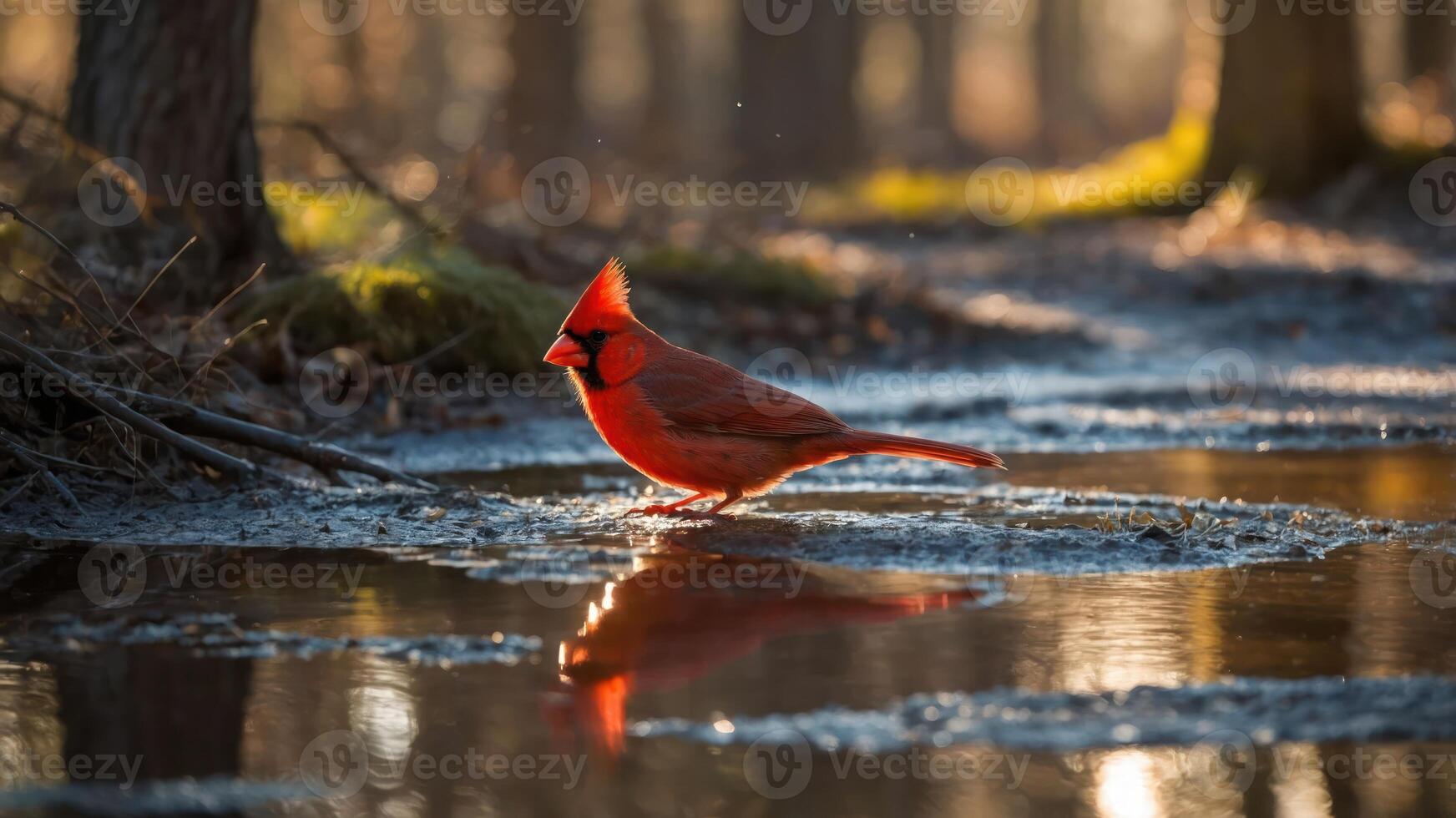 A vibrant red cardinal stands by a reflective puddle in a sunlit forest setting. photo