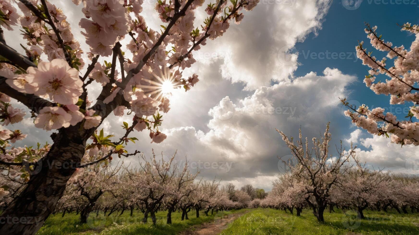 A serene almond blossom orchard under a cloudy sky with sunlight peeking through. photo