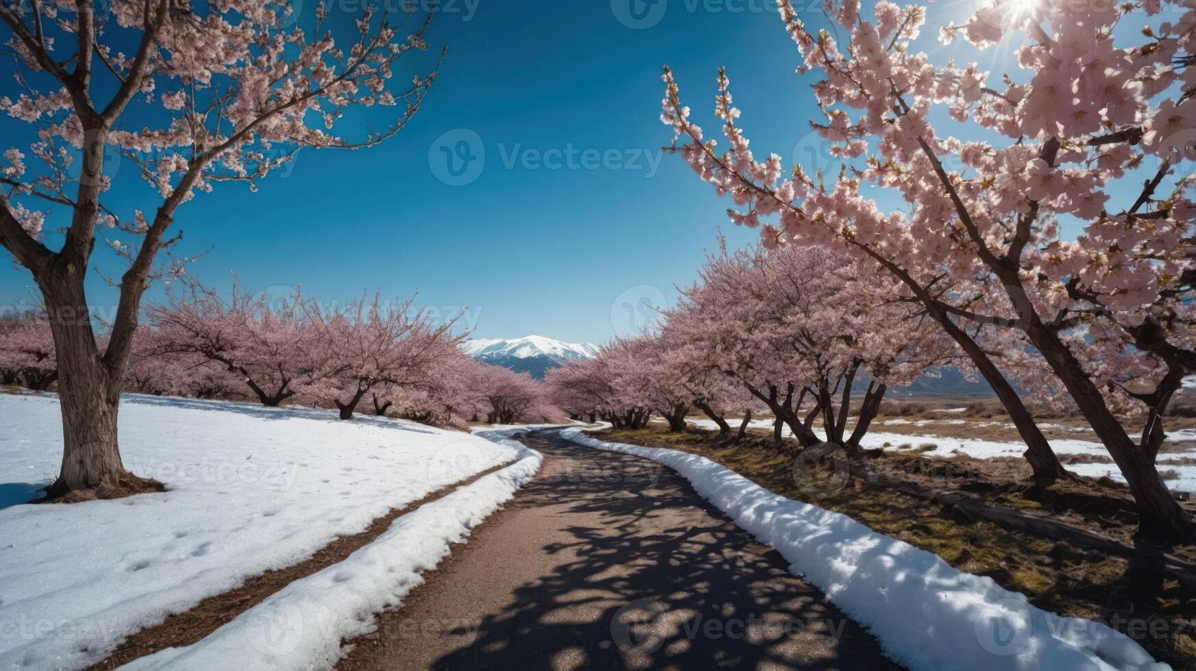 A scenic path lined with cherry blossom trees and snow, leading towards distant mountains under a clear sky. photo