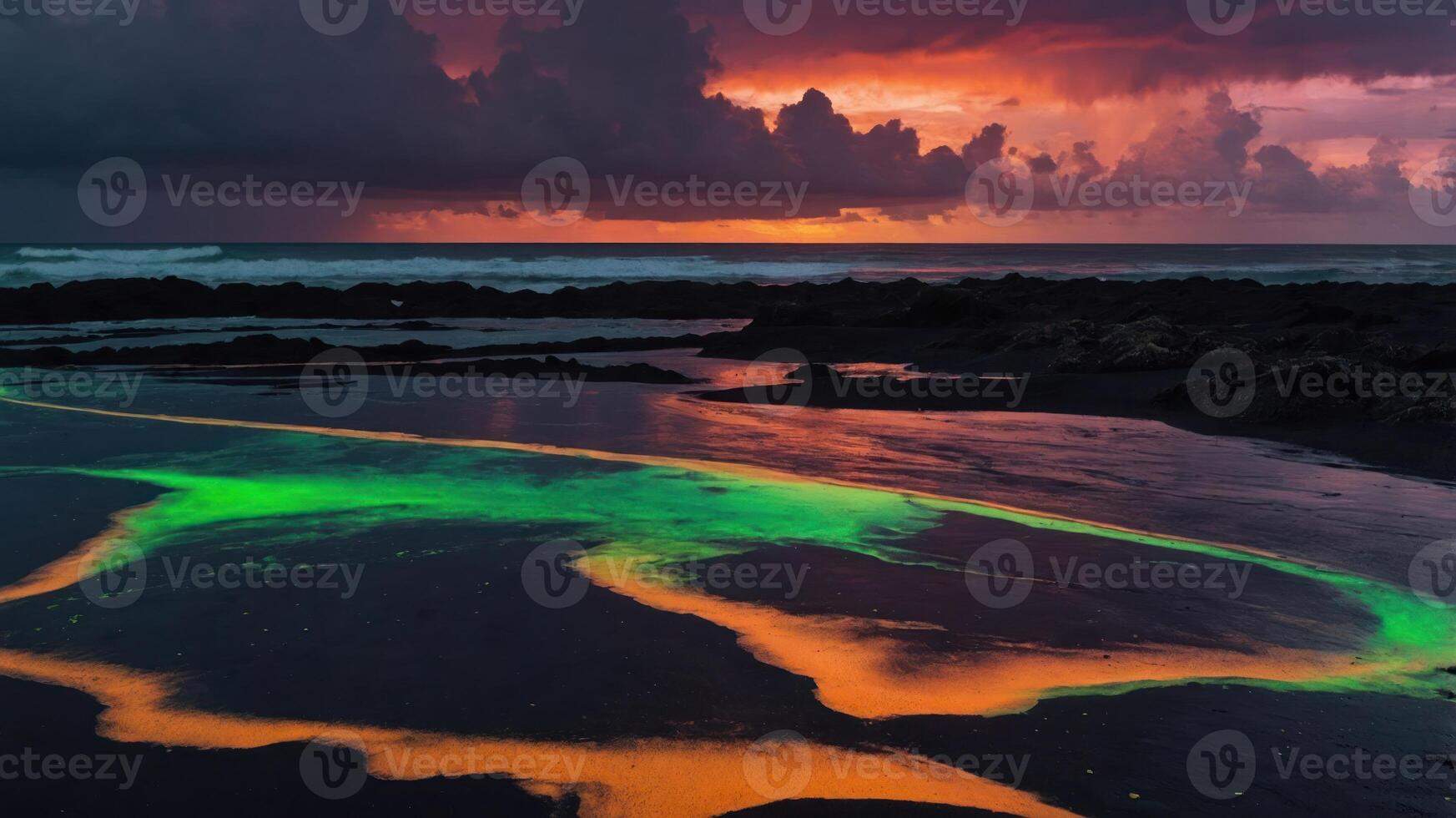 A vibrant sunset over a beach with glowing patterns in the sand and dramatic clouds. photo