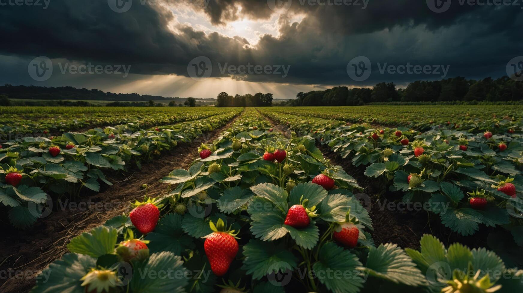 A lush strawberry field under dramatic clouds, illuminated by rays of sunlight. photo