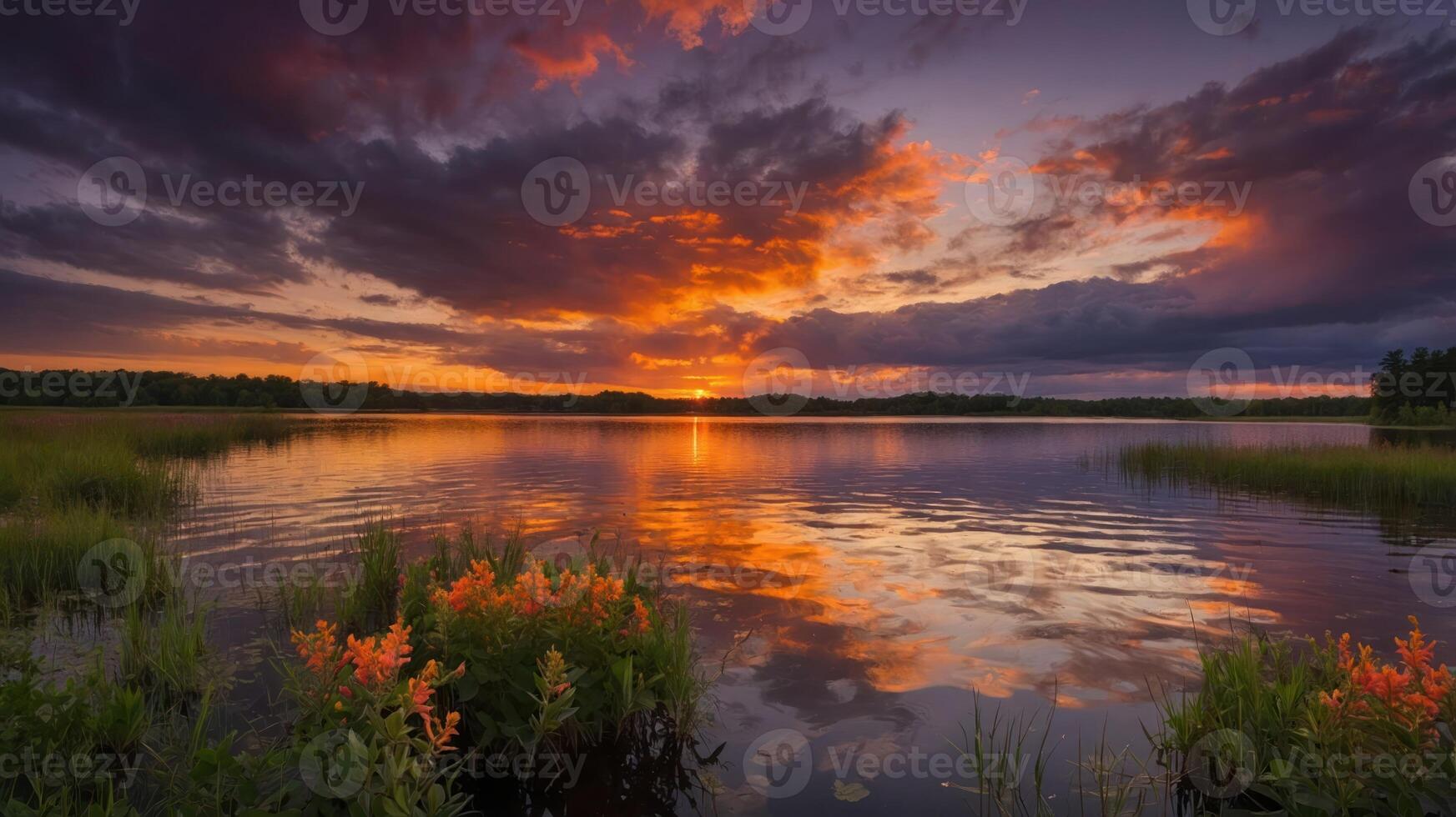 Sunset over lake in the middle of a forest photo