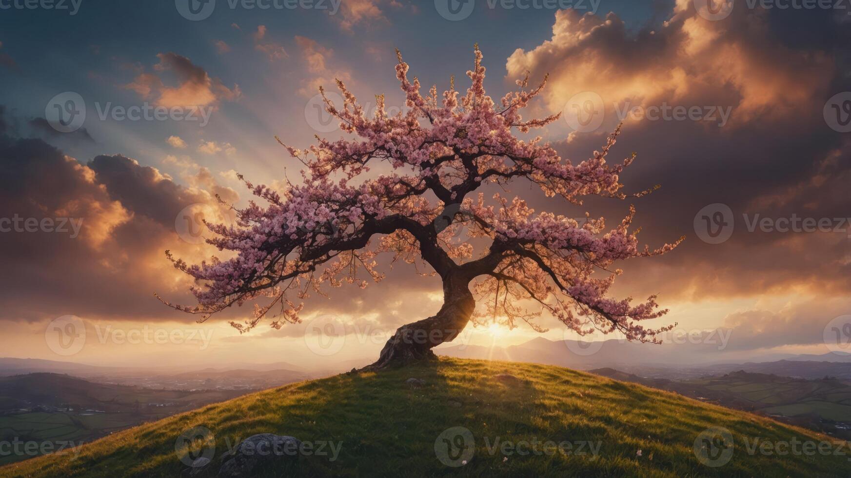 A majestic cherry blossom tree stands on a hill at sunset, surrounded by a dramatic sky and landscape. photo