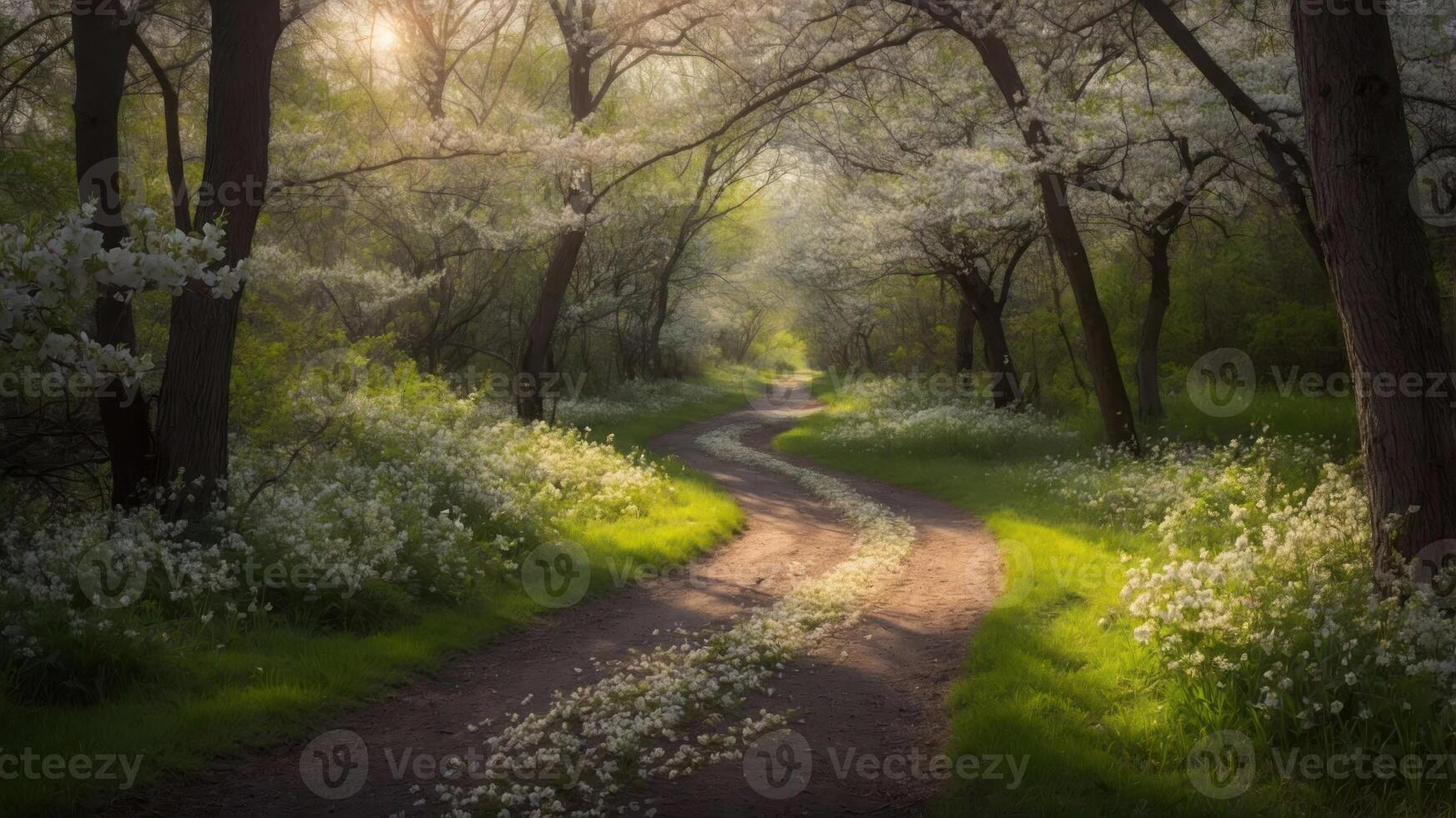 A serene pathway through a flowering forest, inviting tranquility and reflection. photo