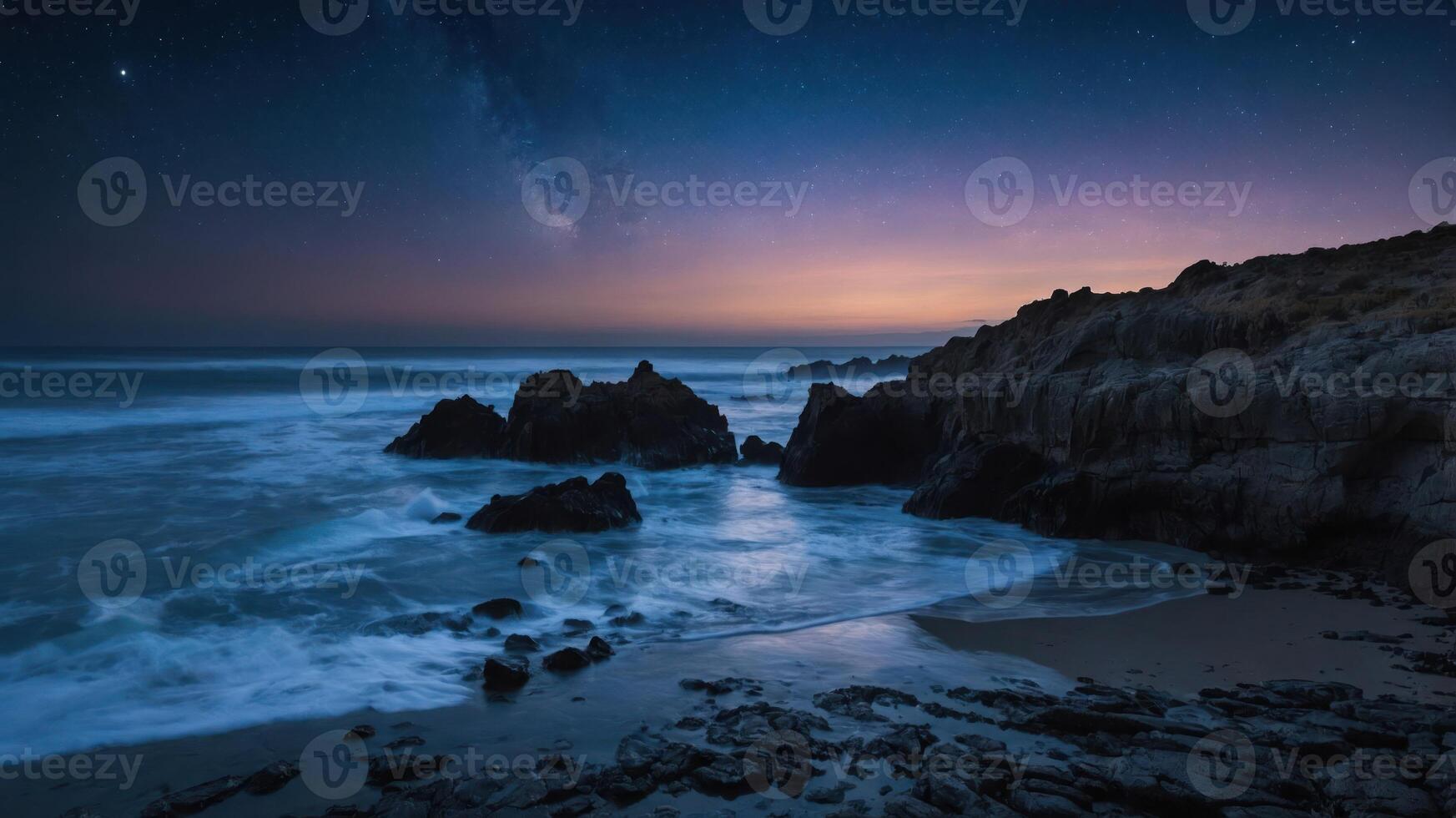 A serene coastal landscape at twilight, featuring rocky formations and a starry sky. photo