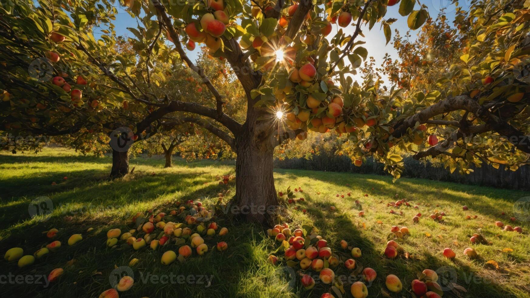 A sunlit orchard filled with apple trees and fallen fruit, showcasing nature's bounty in autumn. photo
