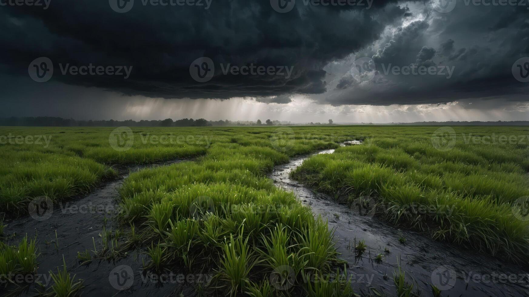 A dramatic landscape featuring a winding waterway through lush green grass under dark stormy clouds. photo
