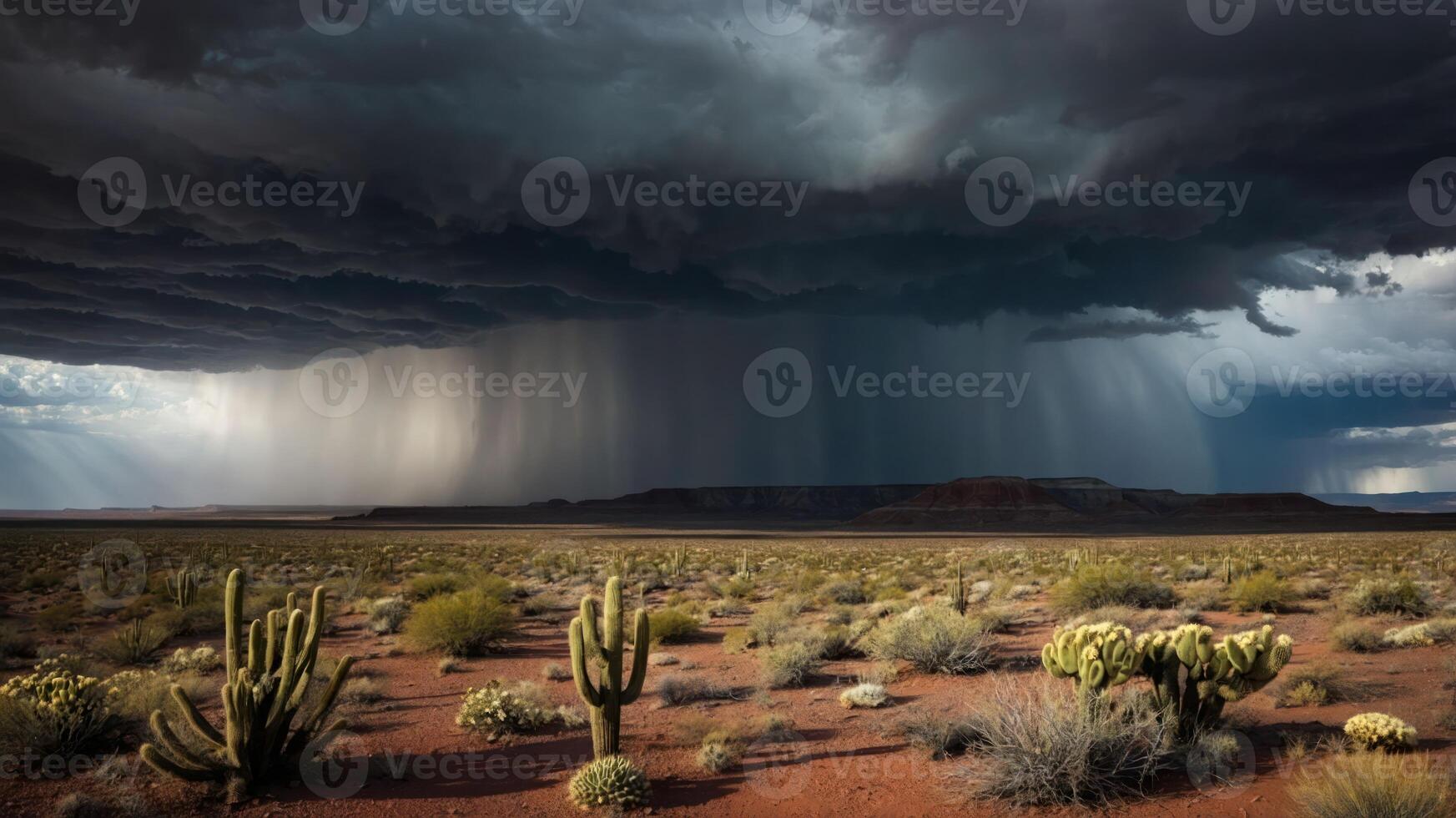 A dramatic desert landscape under dark storm clouds with rain falling in the distance. photo