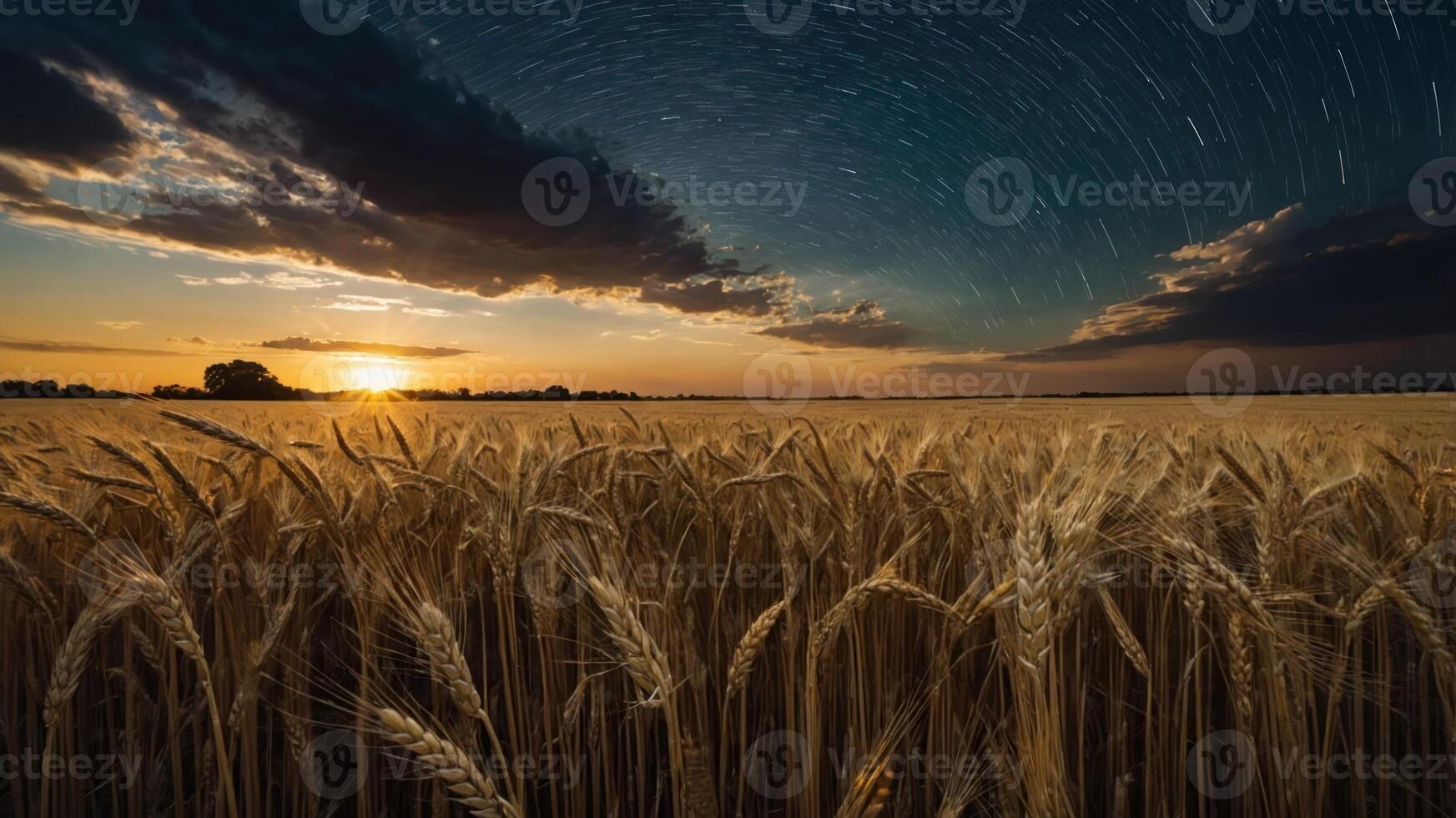 A serene sunset over a golden wheat field, with star trails illuminating the night sky. photo