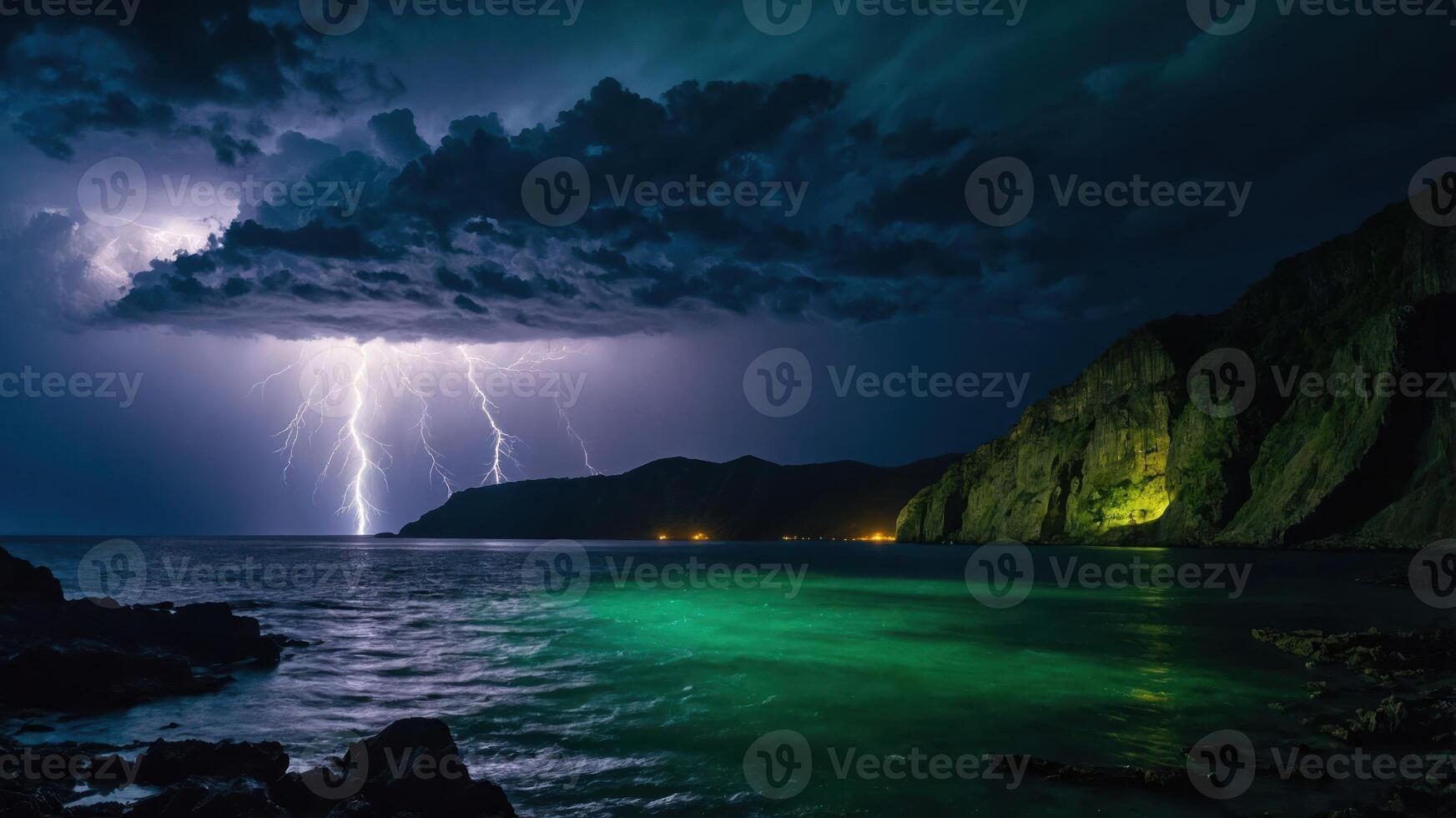 A dramatic lightning storm illuminates a coastal landscape at night, reflecting on the water's surface. photo