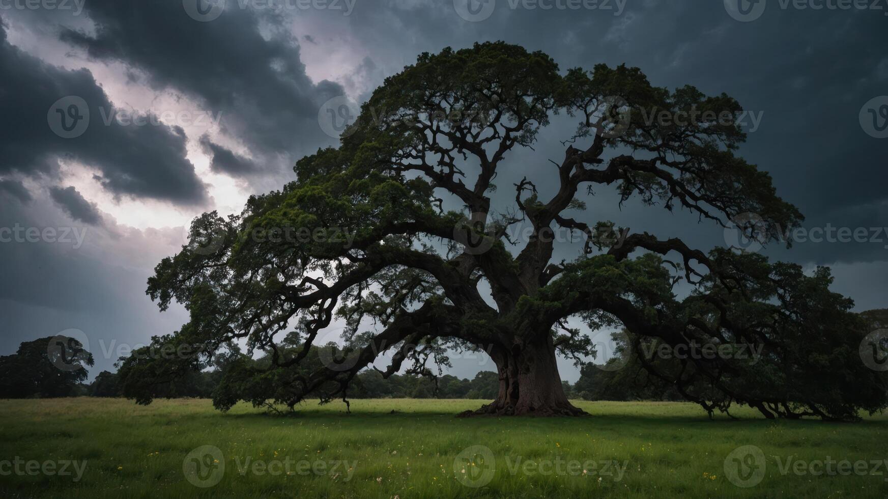 A majestic tree stands alone in a field under a dramatic sky, showcasing nature's beauty and resilience. photo