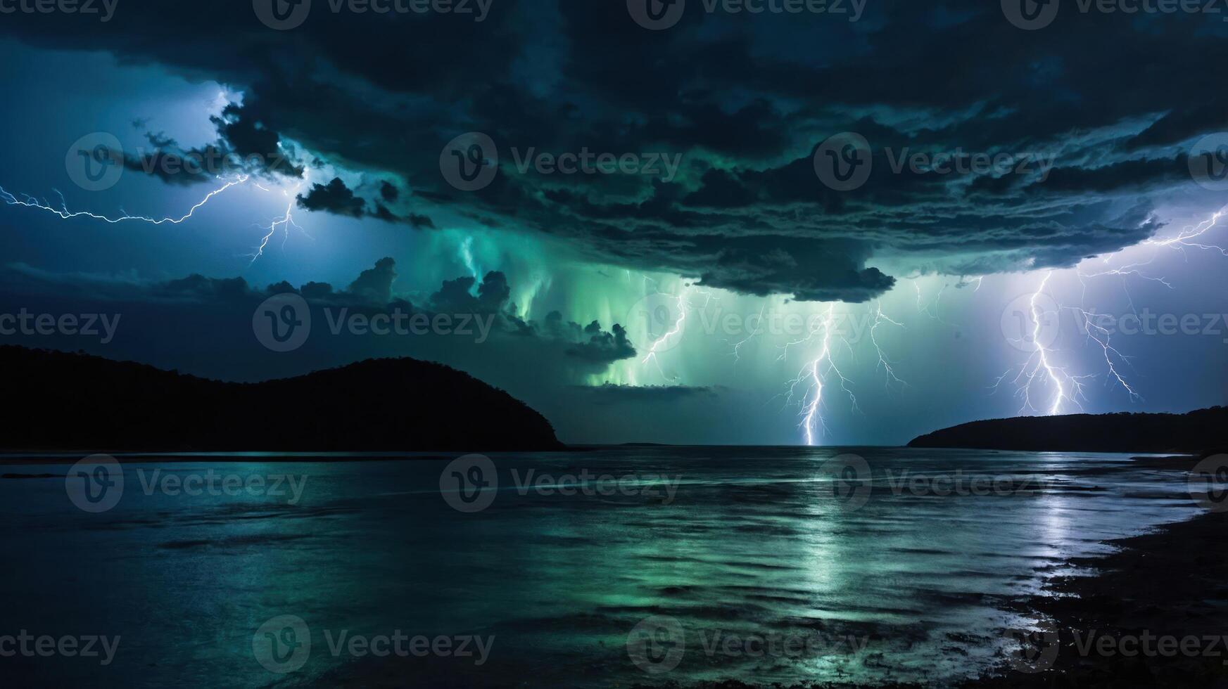 A dramatic lightning storm illuminates the sky over a tranquil body of water, creating a stunning natural spectacle. photo