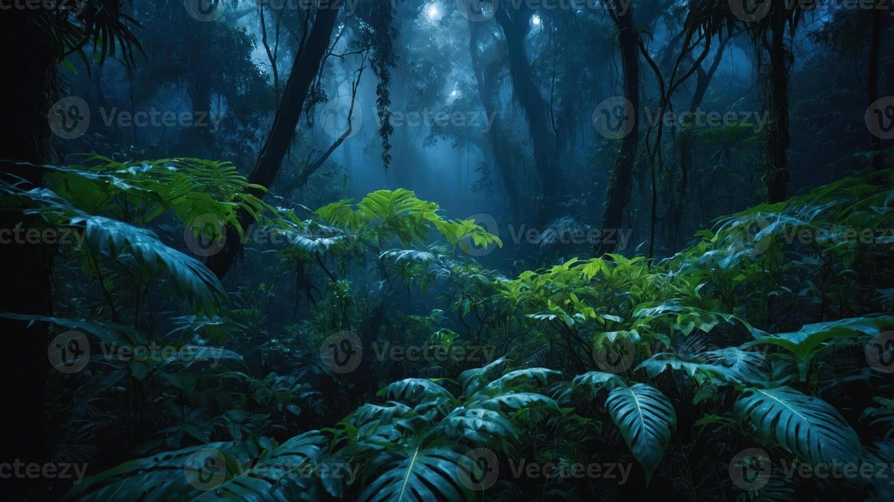 A serene, misty jungle scene with lush greenery and soft light filtering through the trees. photo