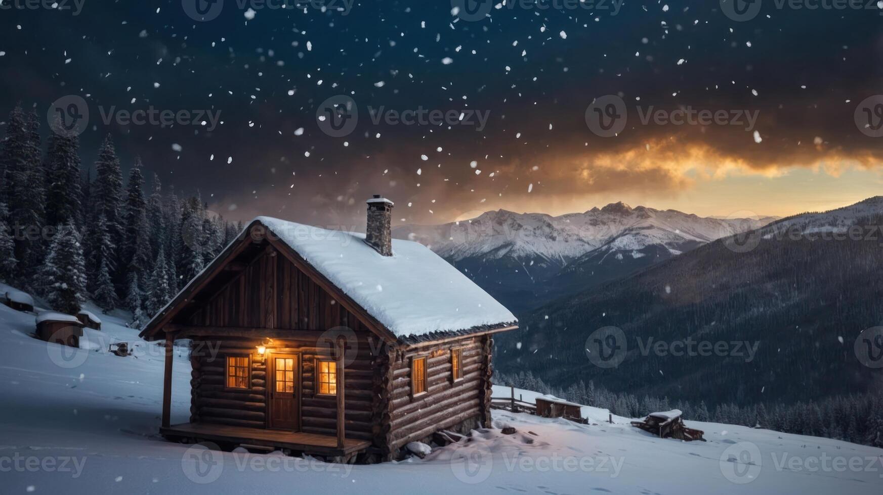 A cozy cabin in a snowy landscape, illuminated by warm light against a dramatic mountain backdrop. photo