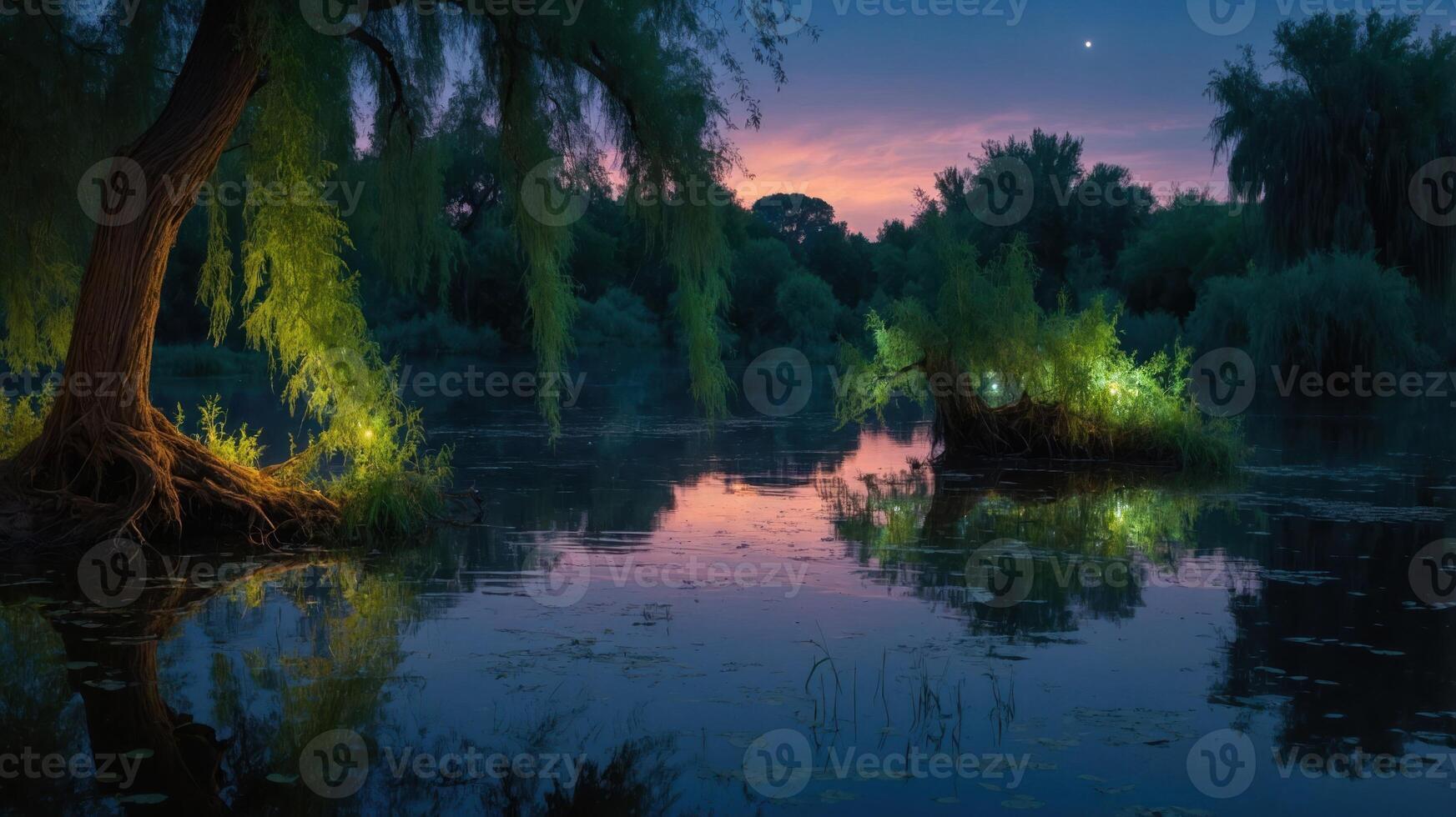 A serene twilight scene over a calm water body, illuminated by soft lights on lush greenery. photo