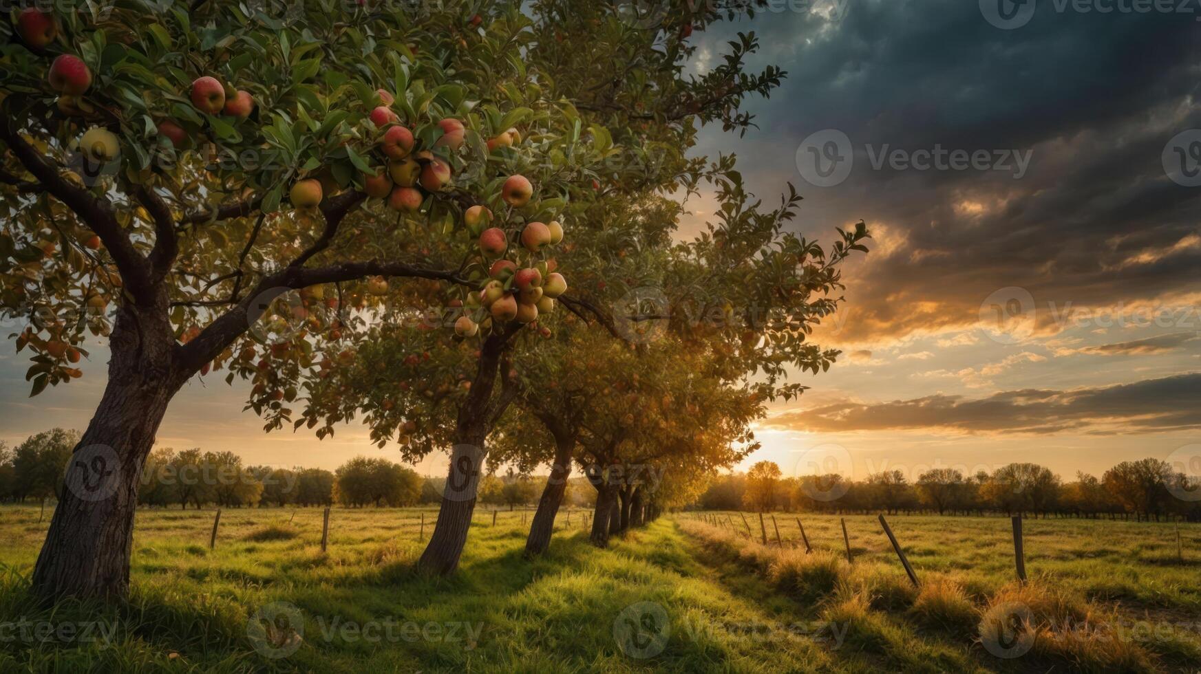 A serene sunset over an apple orchard, highlighting trees laden with fruit and a peaceful grassy path. photo