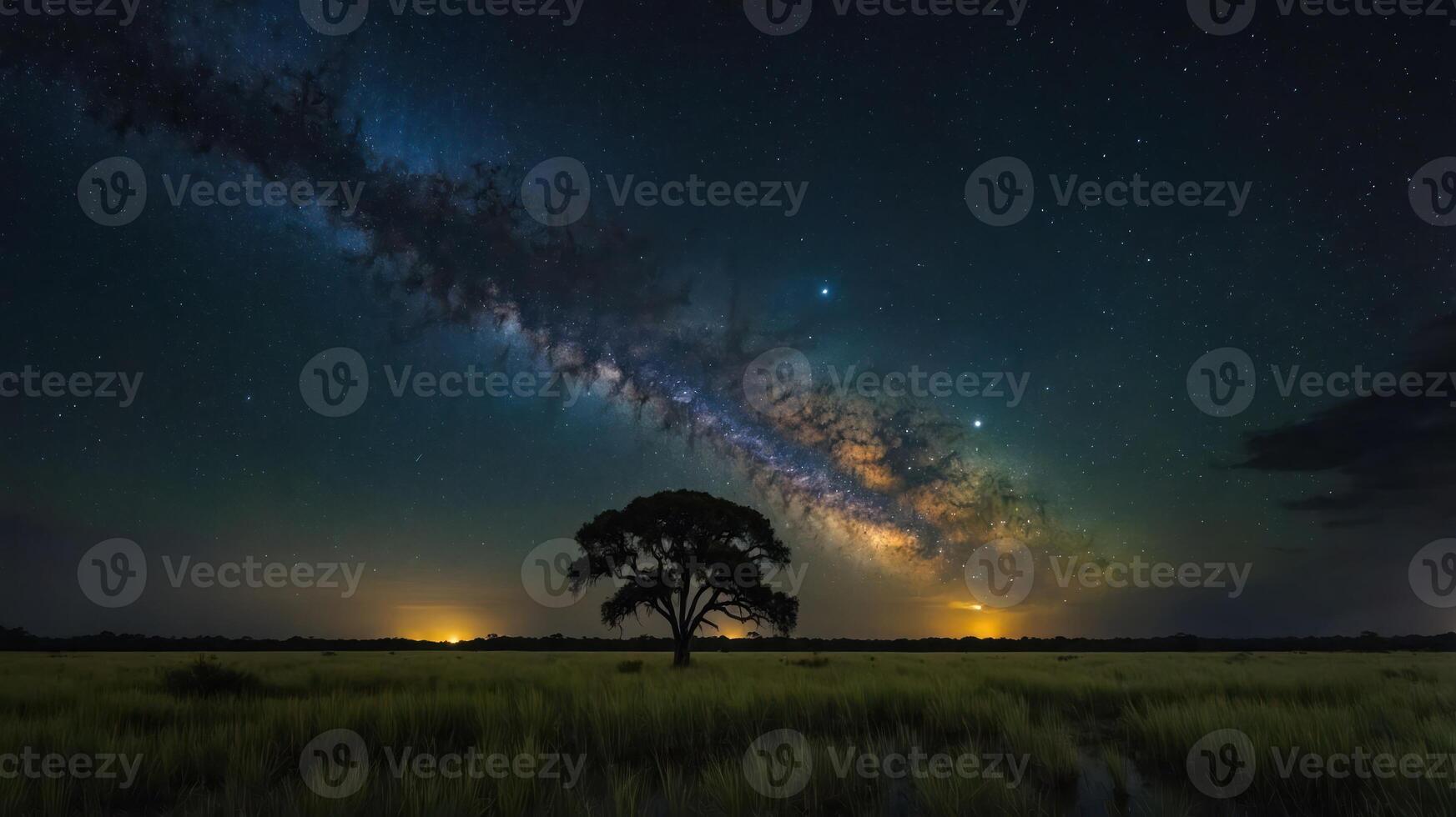 A stunning night sky featuring the Milky Way, illuminated by stars above a solitary tree in a grassy landscape. photo