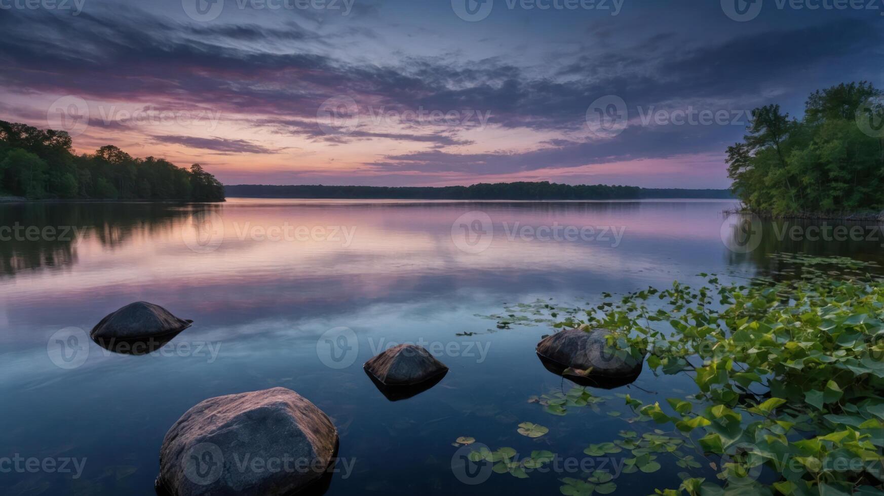 Serene lakeside view at sunset with rocks and lush greenery reflected in calm waters. photo
