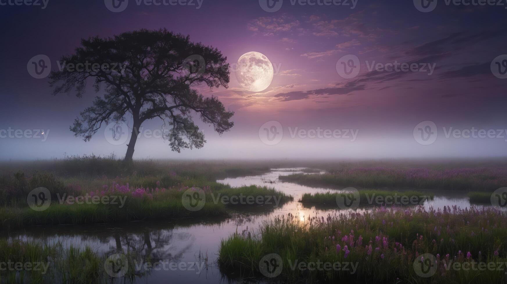 Serene landscape featuring a moonlit scene with a tree, river, and fog over blooming flowers. photo