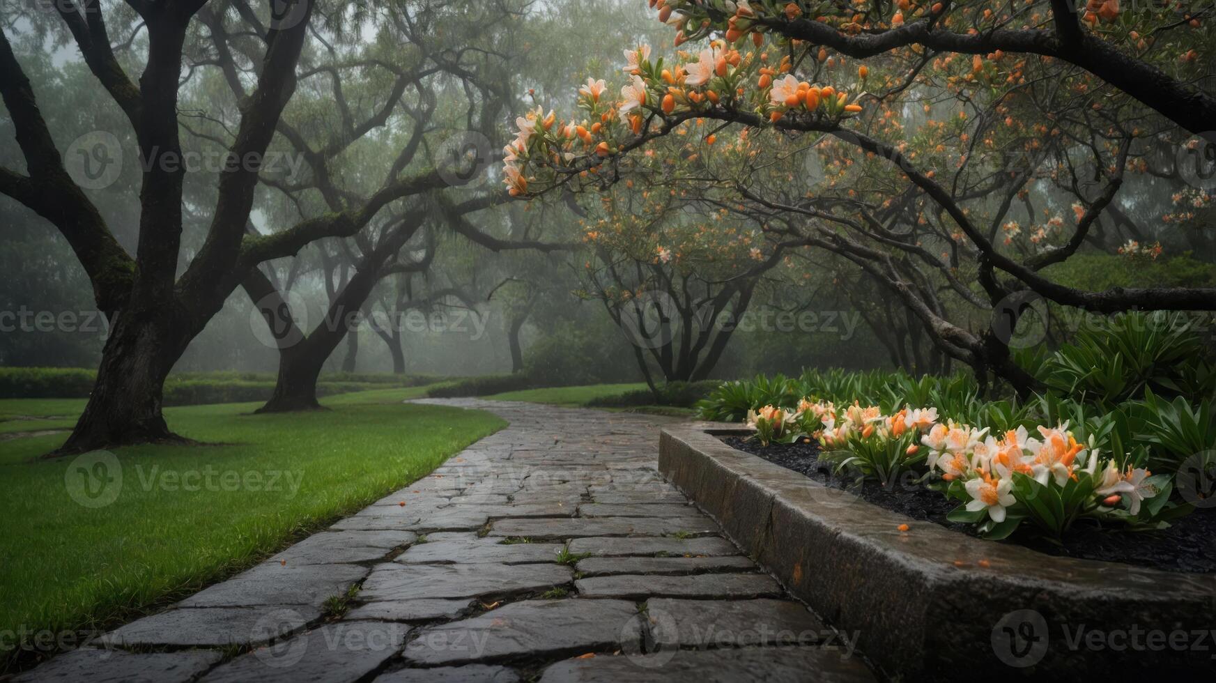 A serene garden path winds through foggy trees and blooming flowers, inviting tranquility and reflection. photo