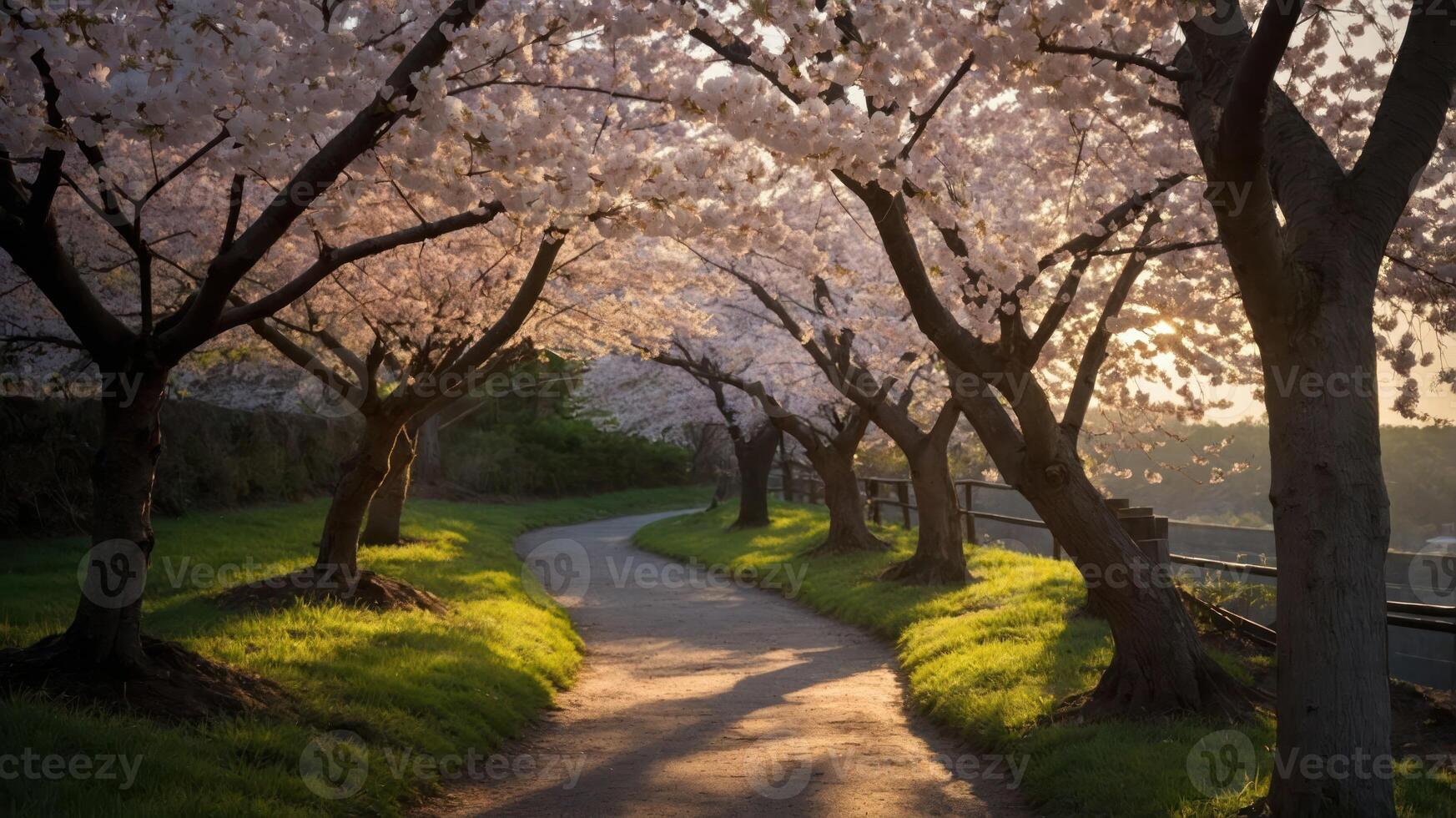 A serene pathway lined with blooming cherry blossom trees, inviting peaceful strolls in nature. photo