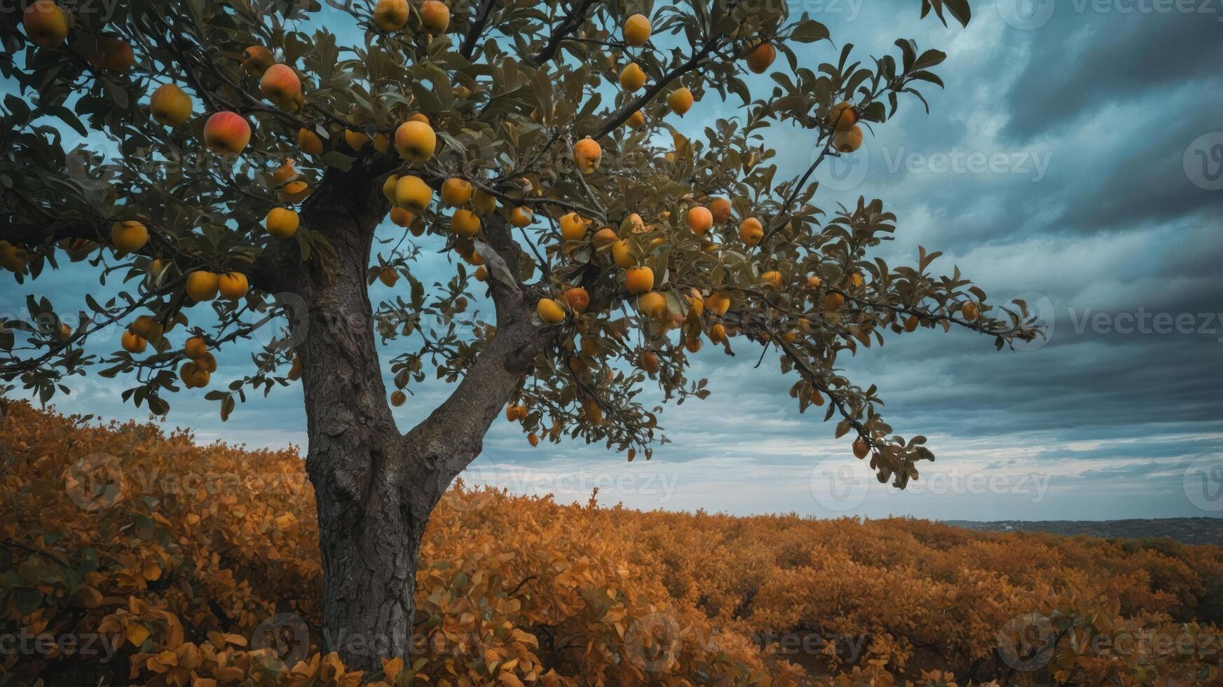 A solitary tree laden with colorful fruits stands amidst a vibrant autumn landscape under a moody sky. photo