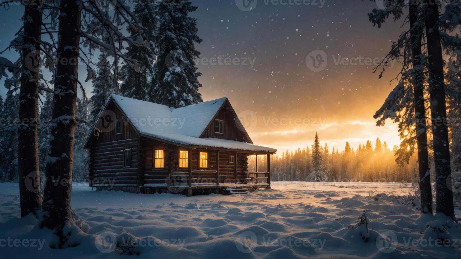 A cozy cabin in a snowy landscape at sunset, creating a serene winter atmosphere. photo