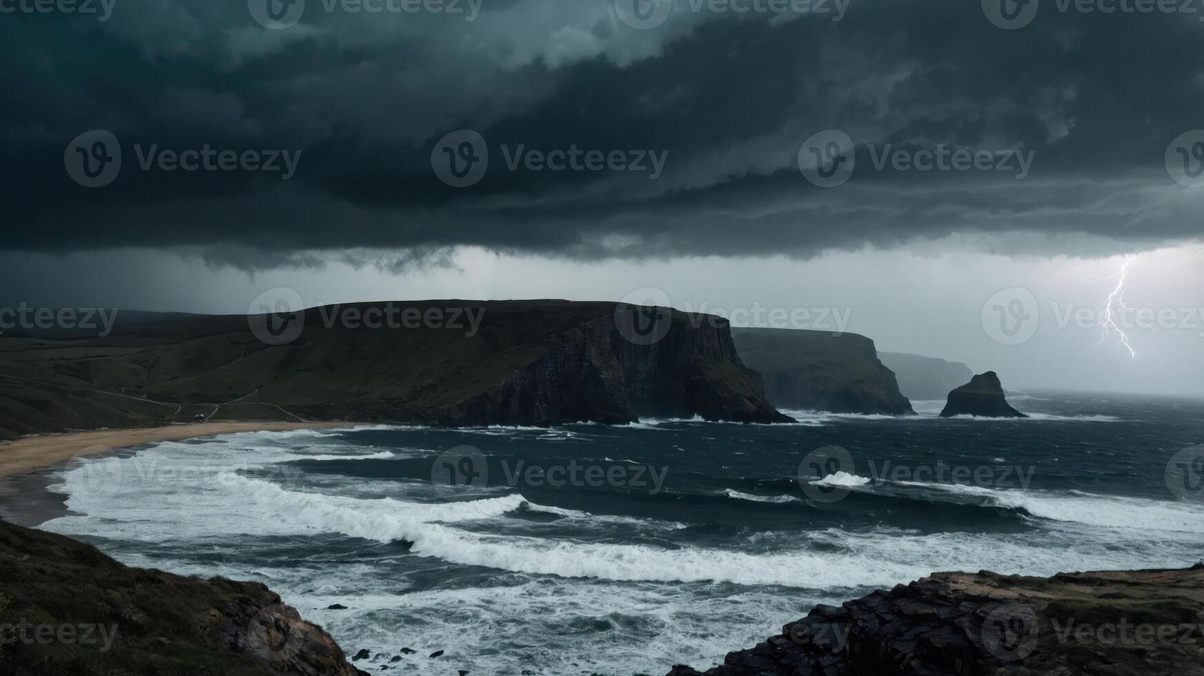 Dramatic coastal view with dark clouds and lightning over turbulent waves. photo