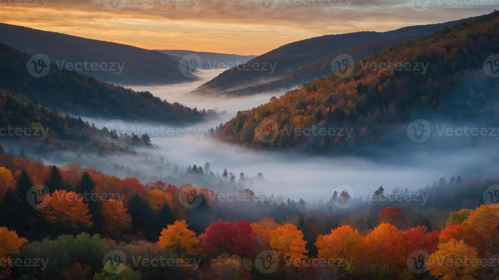 A serene autumn landscape with colorful trees and misty valleys at sunrise. photo
