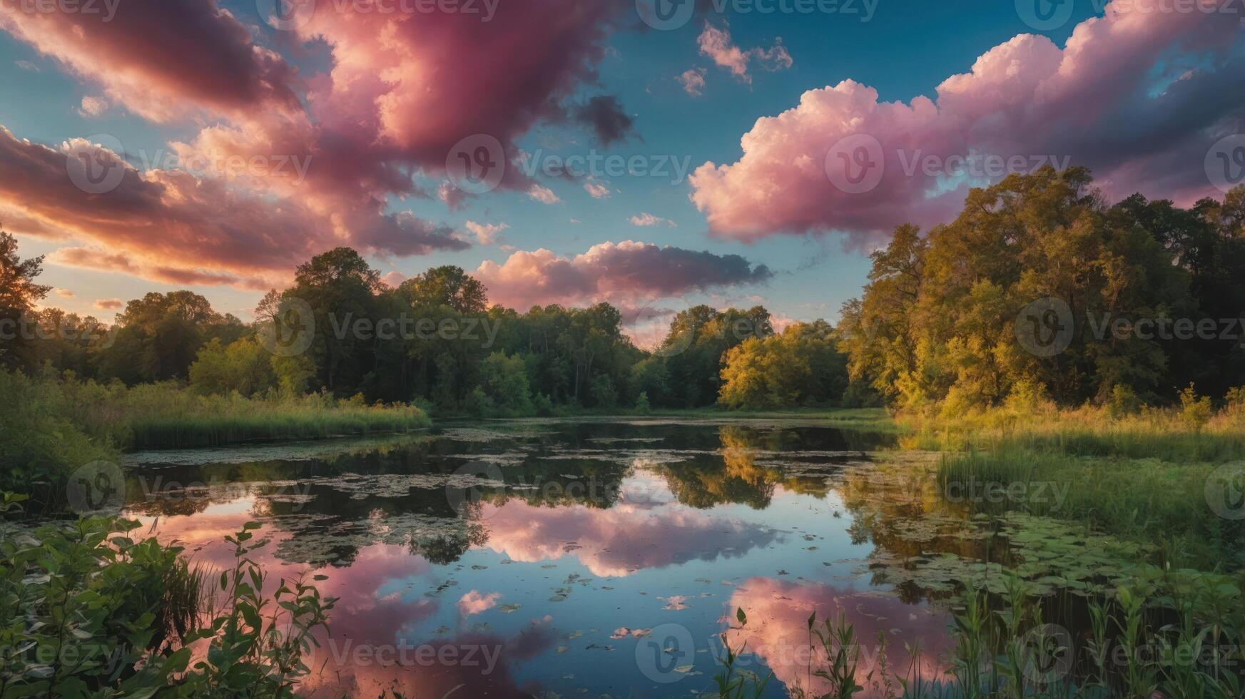 A serene sunset over a tranquil pond, reflecting vibrant clouds and surrounding greenery. photo