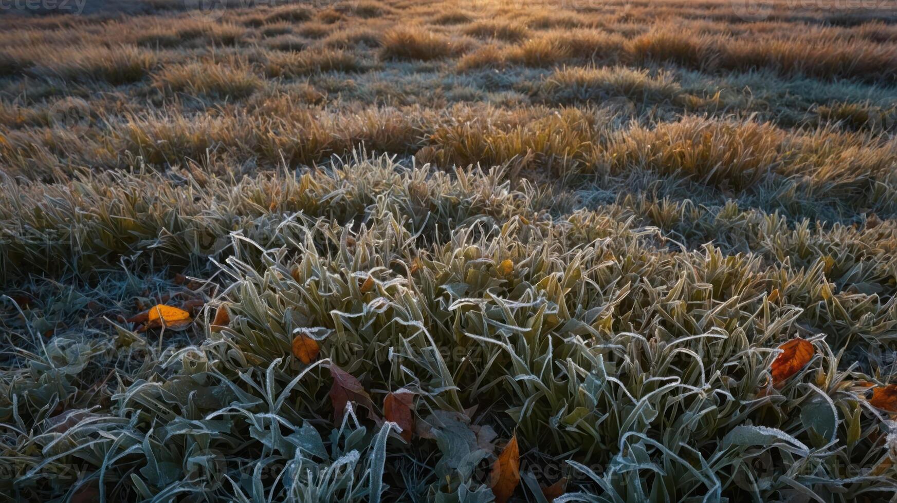 A frosty field at dawn, showcasing glistening grass and autumn leaves in a tranquil landscape. photo