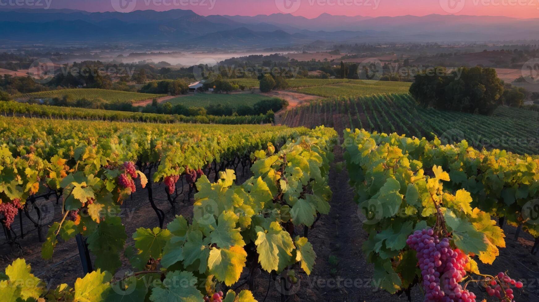 A scenic view of a vineyard at sunrise, showcasing rows of grapevines and mountains in the background. photo