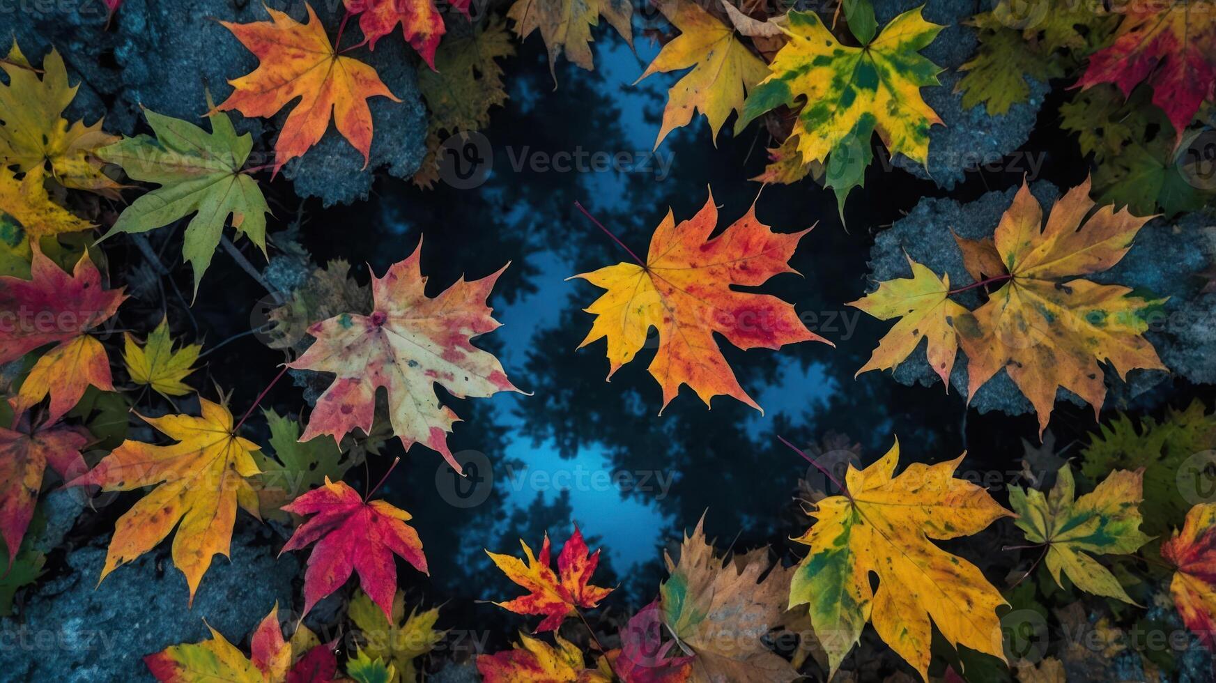A vibrant display of autumn leaves floating on water, reflecting the surrounding nature. photo