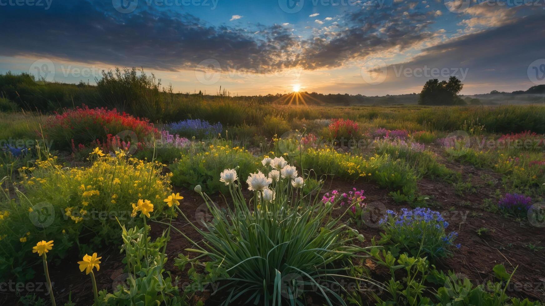A vibrant field of colorful flowers at sunrise, showcasing nature's beauty and tranquility. photo