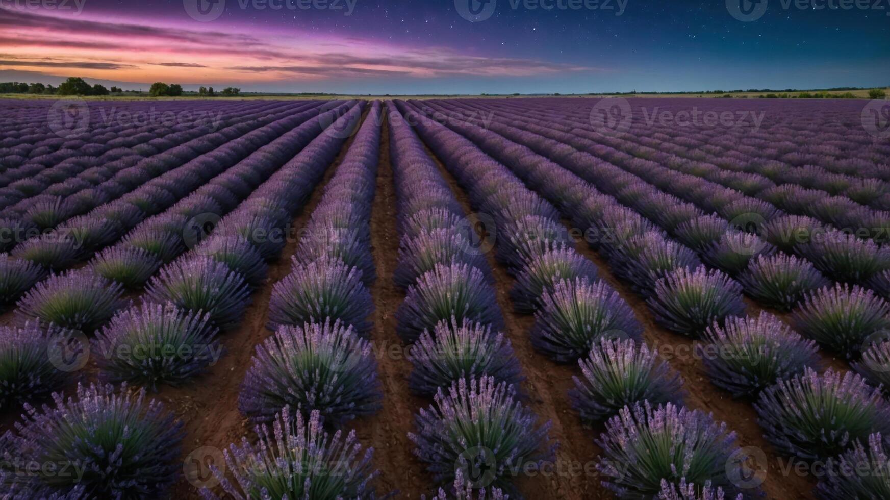 A vibrant lavender field stretches across the landscape, showcasing rows of blooming plants under a twilight sky. photo