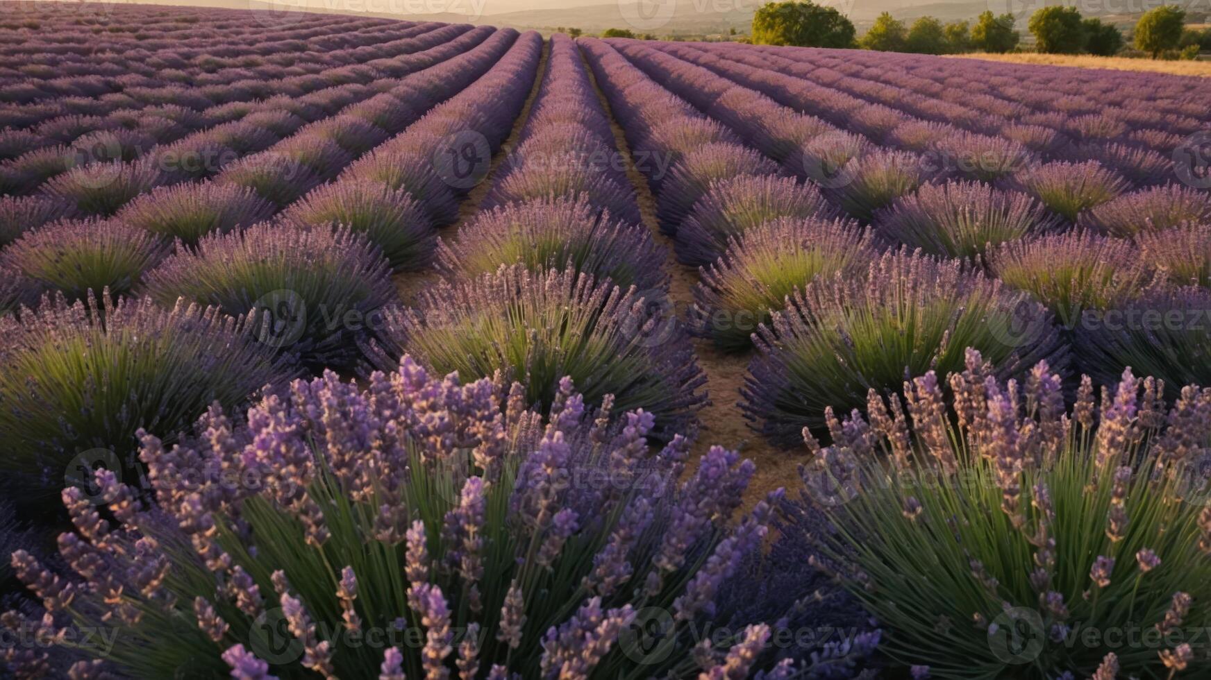 A scenic view of a lavender field in rows, showcasing vibrant purple flowers under sunlight. photo