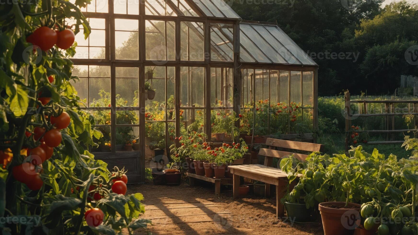 A serene greenhouse filled with tomato plants, sunlight streaming through glass panels. photo