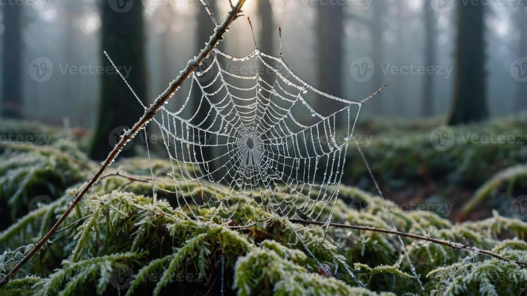 A delicate spider web adorned with dew drops in a misty forest setting. photo