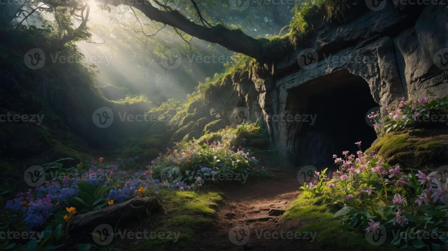 A serene forest scene with sunlight filtering through trees, illuminating vibrant flowers. photo