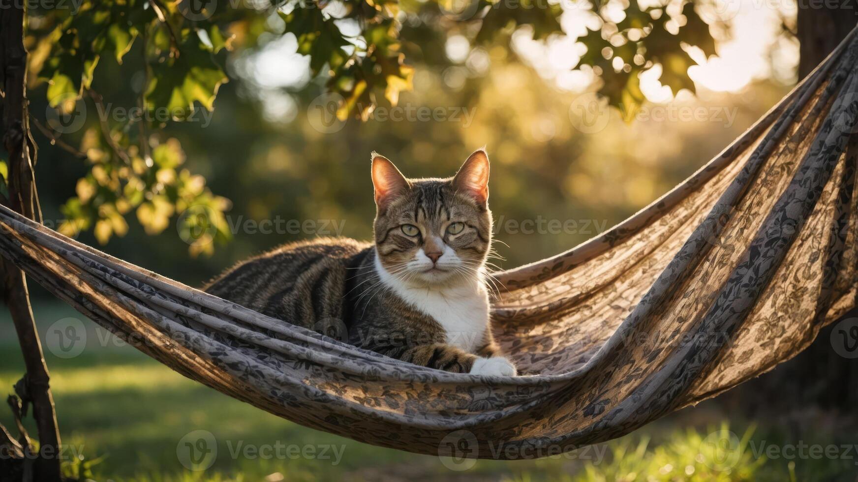 A relaxed cat lounging in a hammock surrounded by nature during golden hour. photo