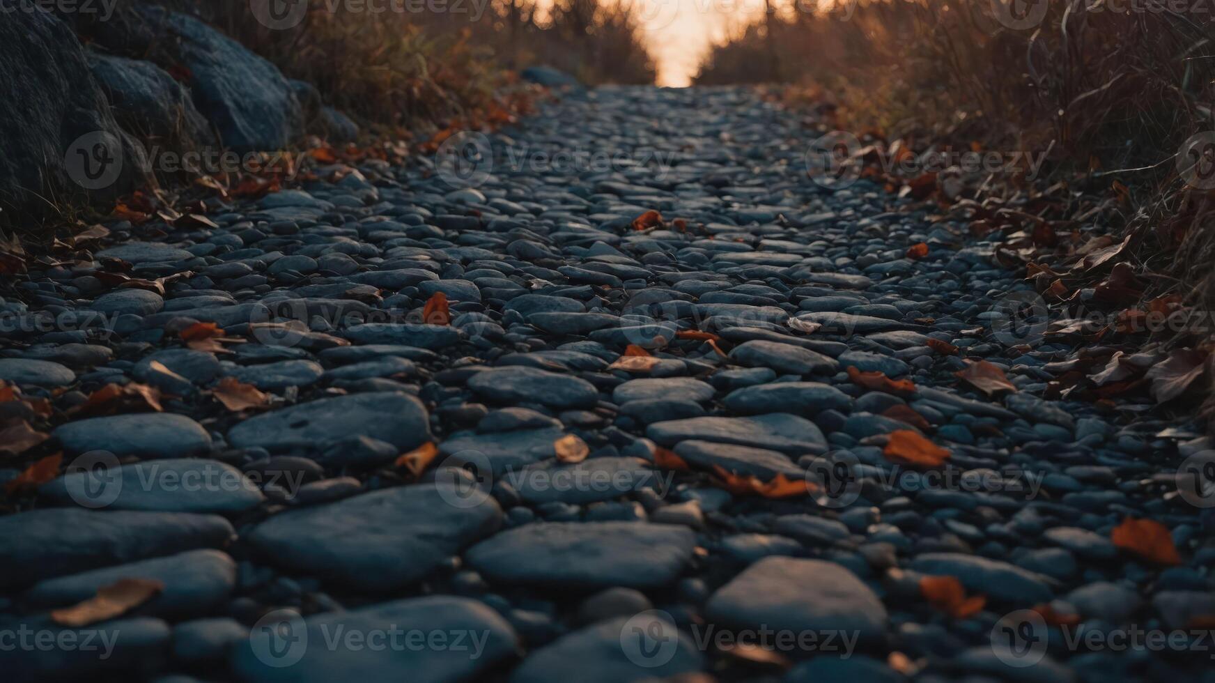 A winding path made of smooth stones, surrounded by autumn foliage and soft evening light. photo