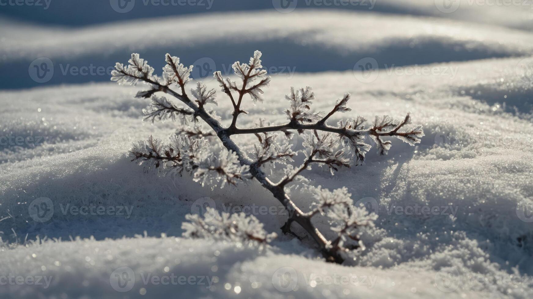 A frosted branch resting on a snowy surface, showcasing winter's beauty. photo