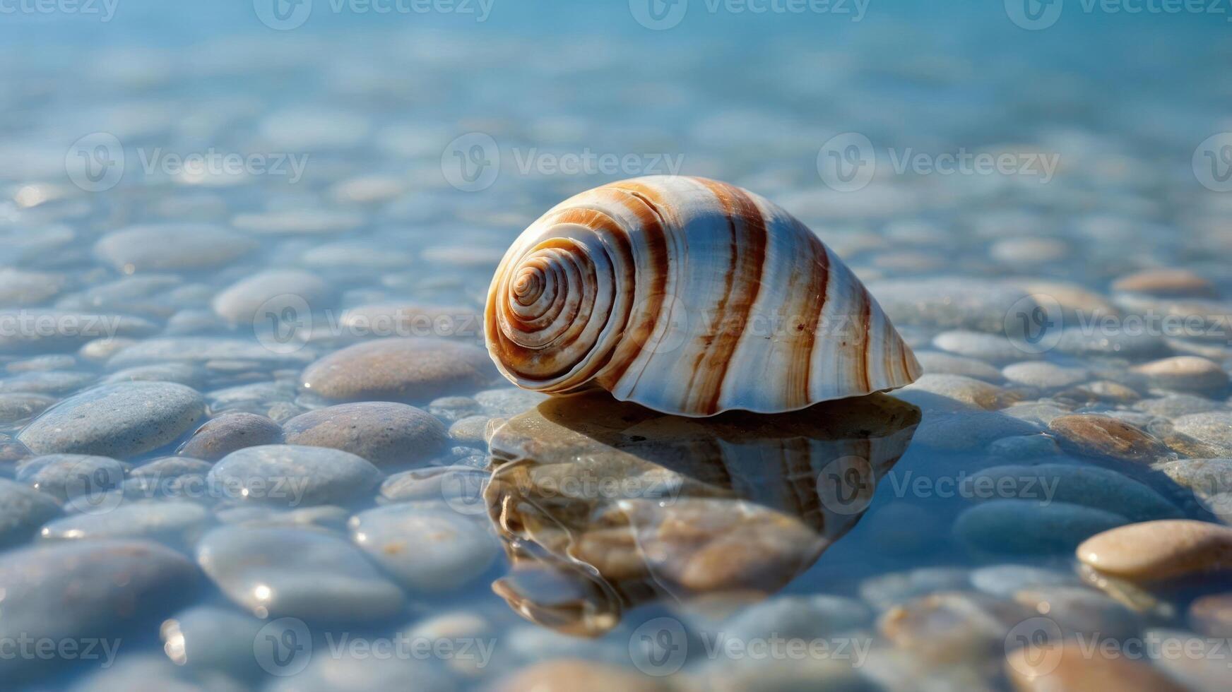 A close-up of a striped shell resting on smooth pebbles by the water's edge. photo