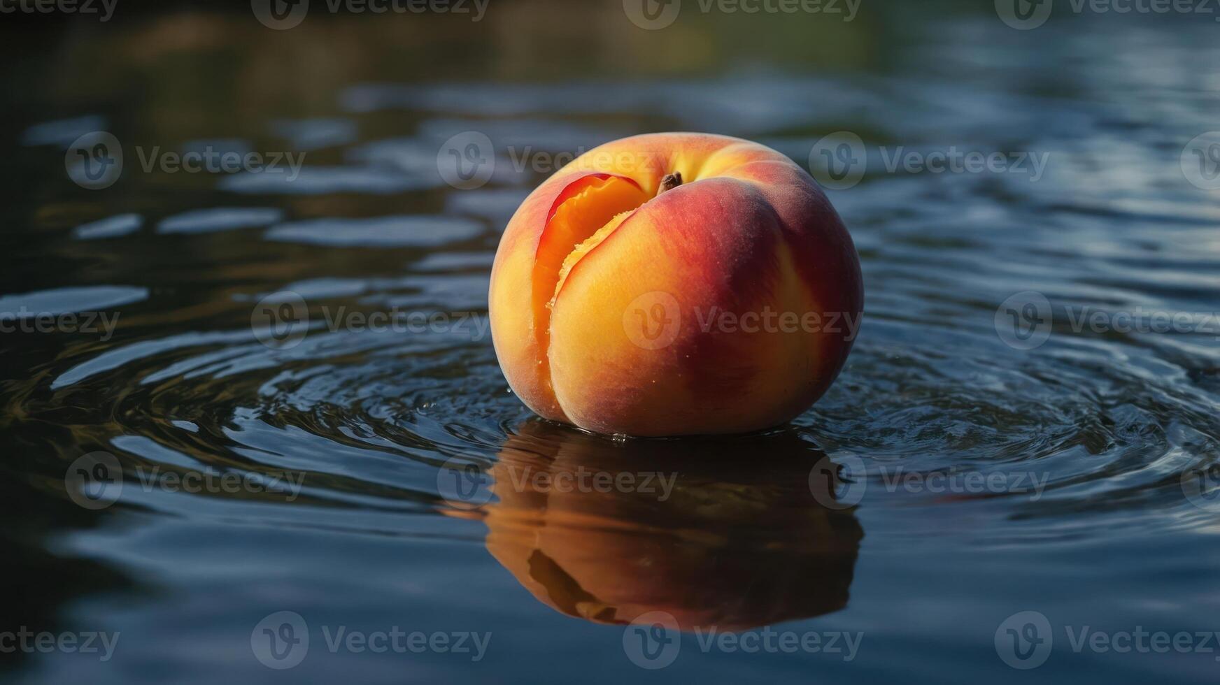 A peach floating on water, creating ripples and reflections. photo
