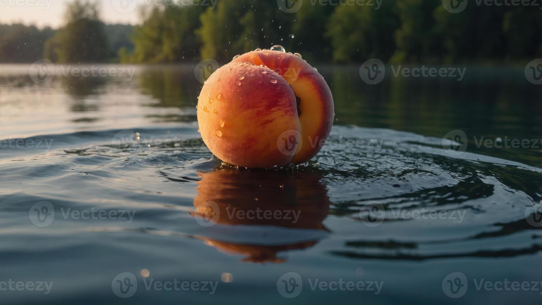 A peach splashes in calm water, reflecting nature's beauty. photo